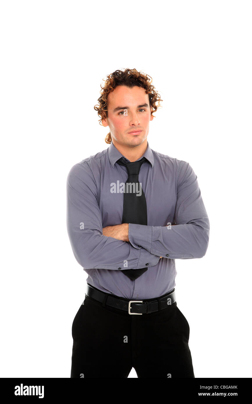 young business man standing with crossed arms isolated on white ...