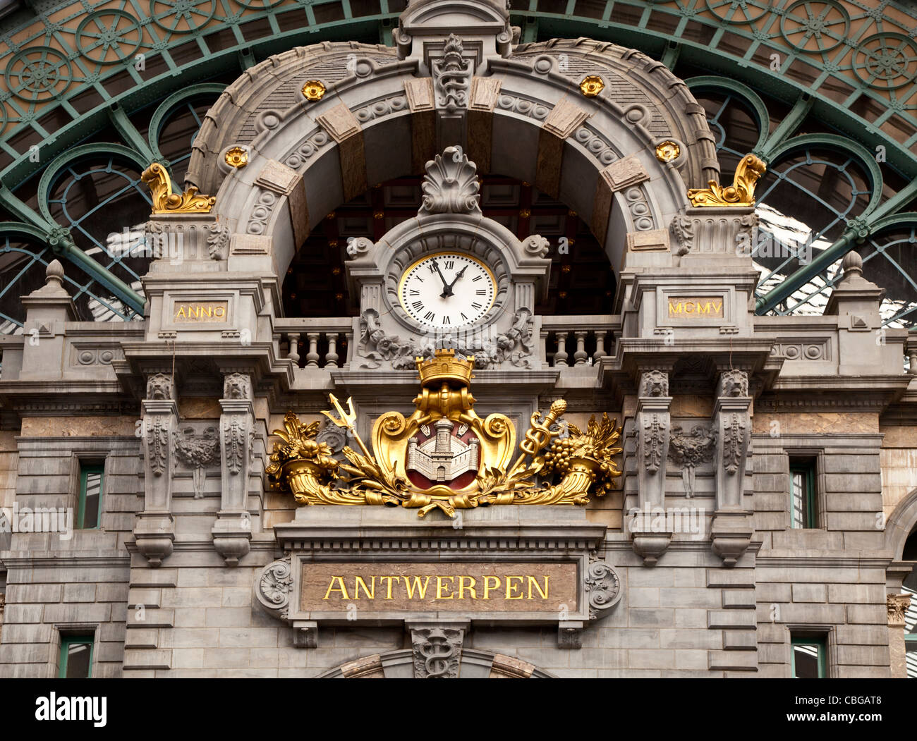 Clock inside the central train station in Antwerp, Belgium. Stock Photo