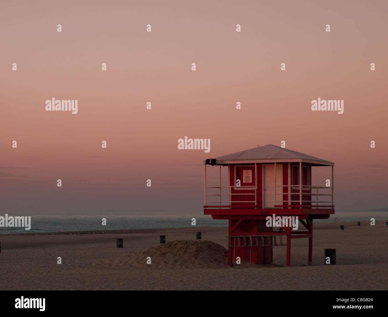 Sunset at lifeguard station in Michigan City. Stock Photo