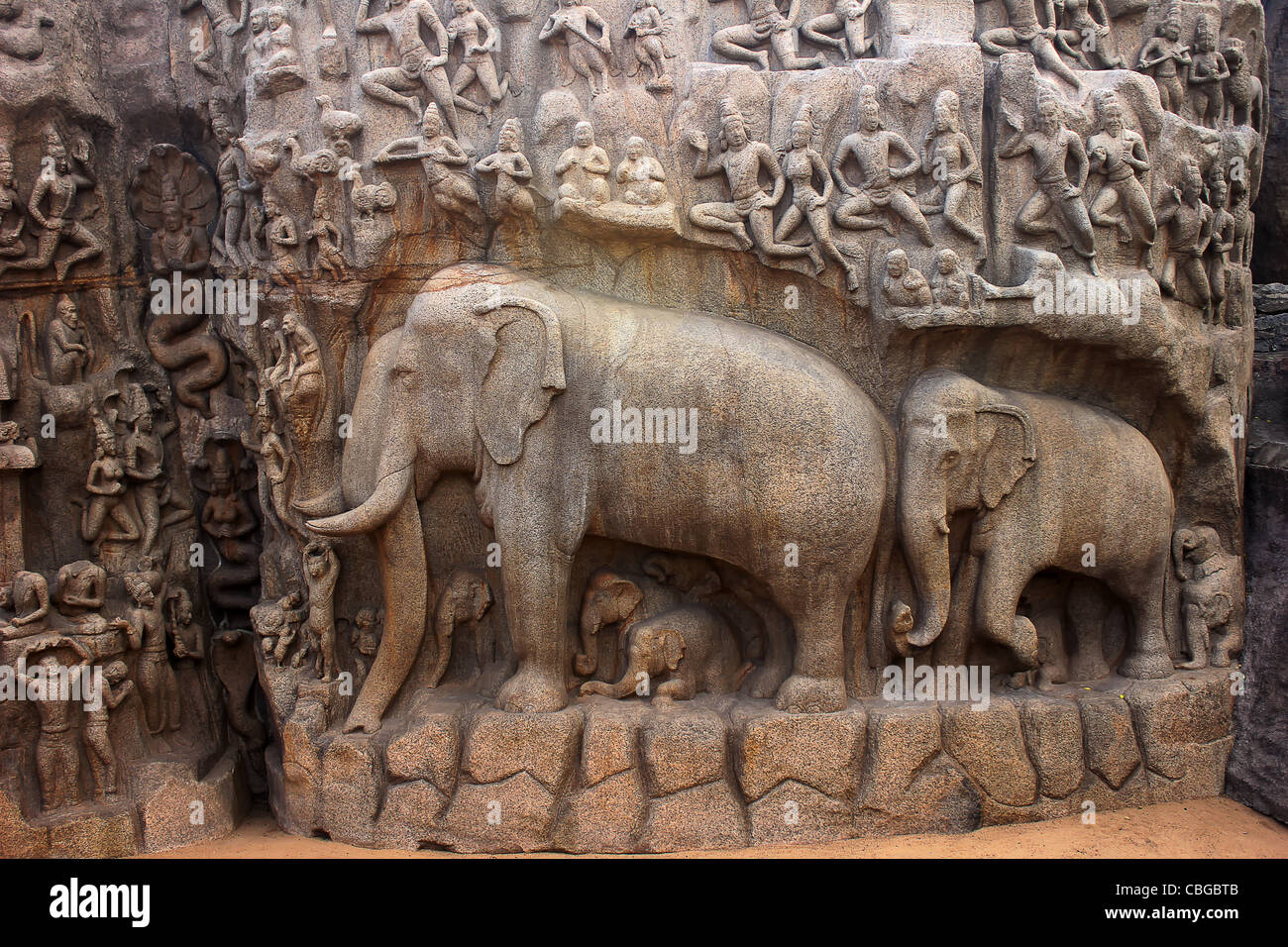 Arjuna Penance world largest stone bas relief at Mahabalipuram ,Tamil Nadu ,chennai,India Stock Photo