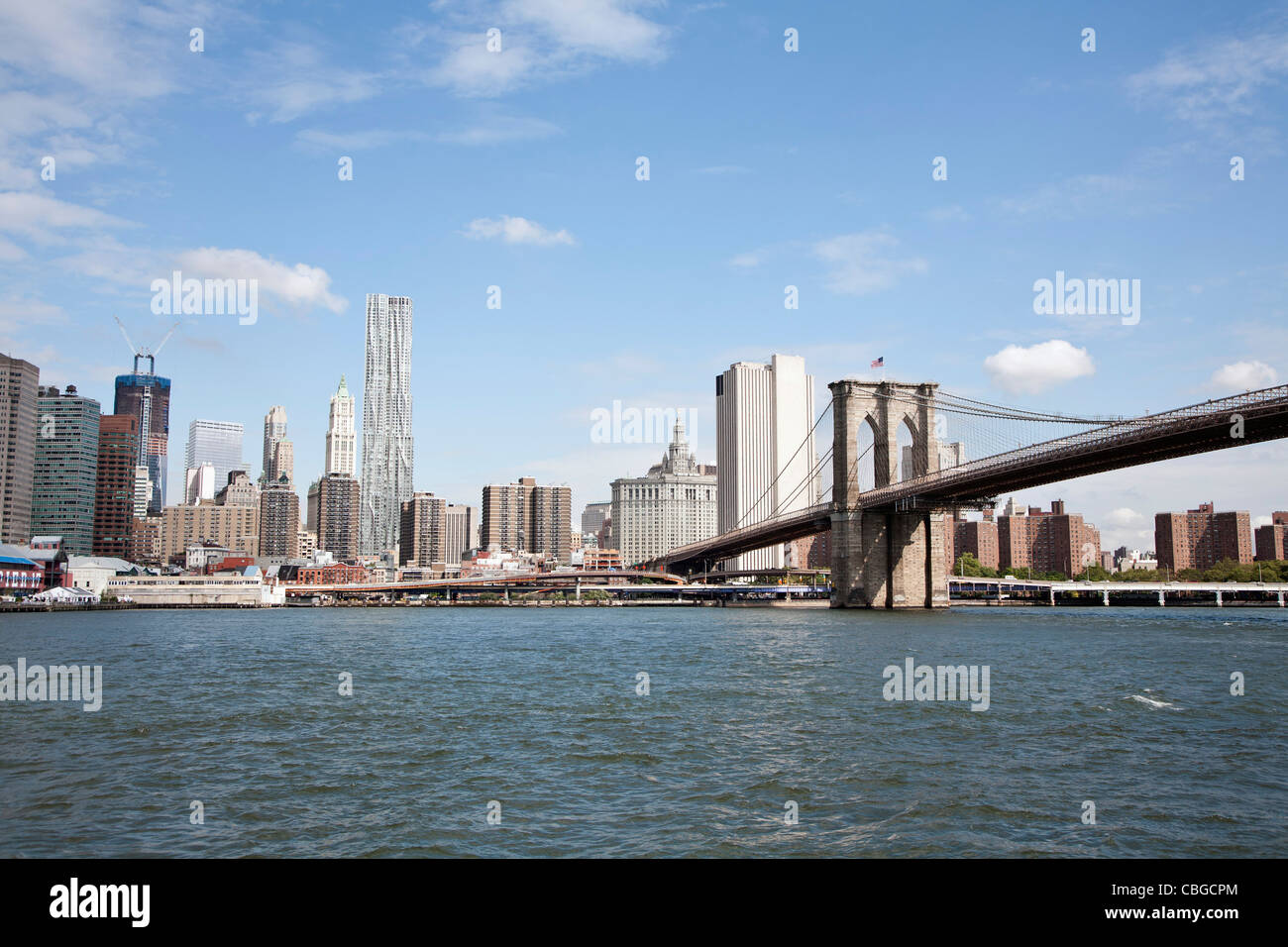 The Brooklyn Bridge and Manhattan skyline viewed across the East River ...