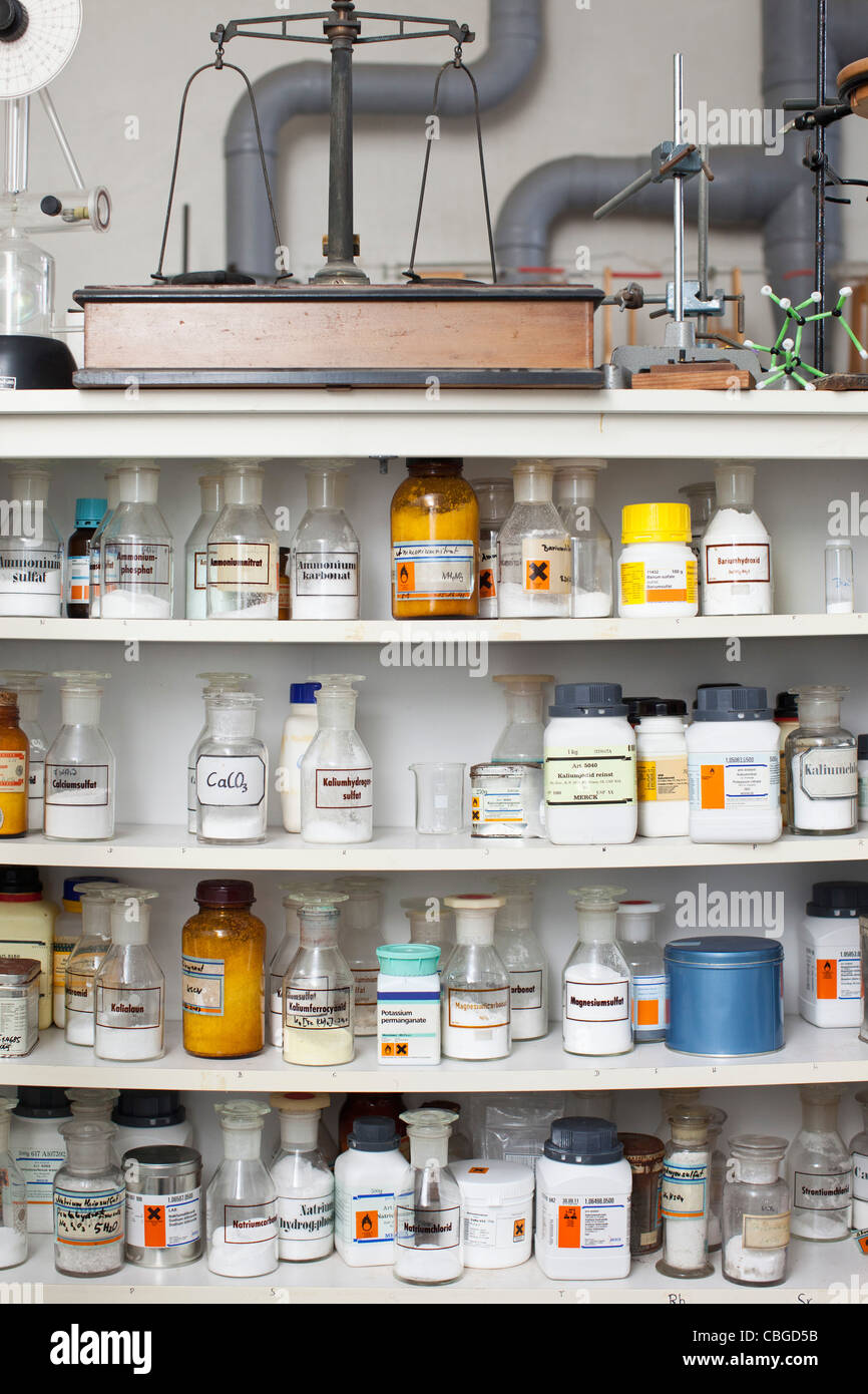 Chemistry classroom, shelves of assorted chemicals and equipment Stock