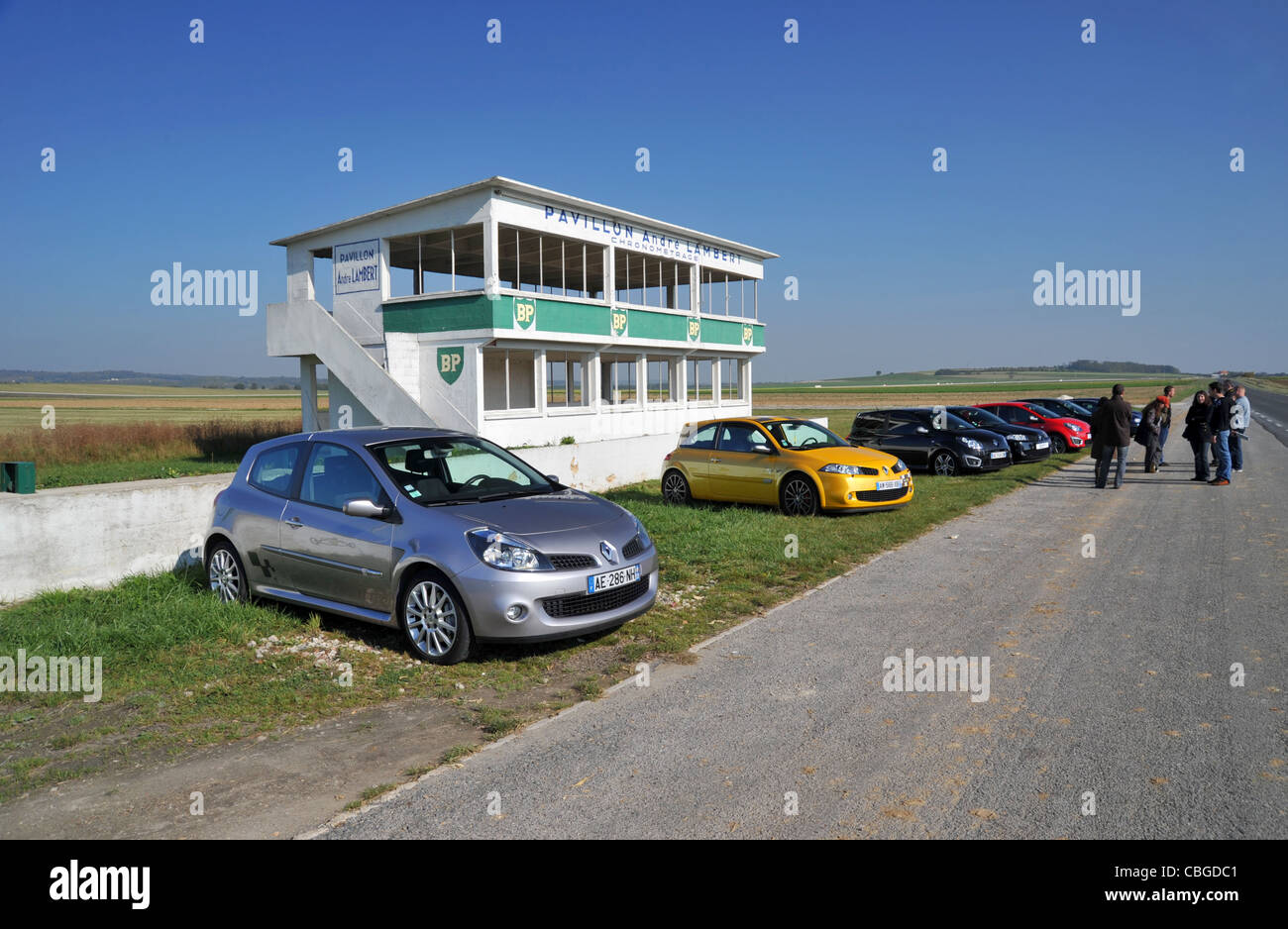 Car clubs meets at Reims Gueux historic motor circuit in France, a Renault club outside Pavilion Andre Lambert Stock Photo