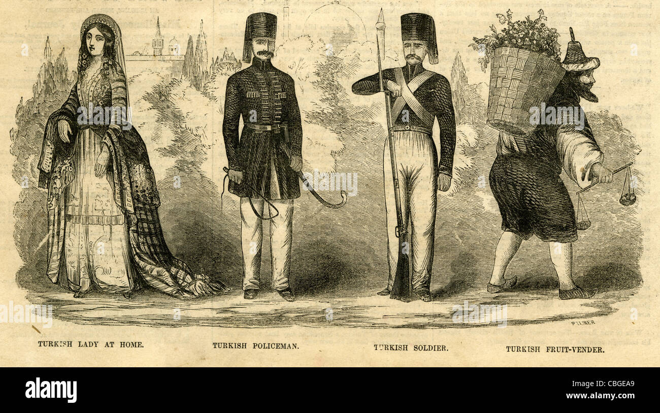 1854 engraving, 'Turkish Lady at Home, Turkish Policeman, Turkish Soldier, Turkish Fruit Vendor.' Stock Photo