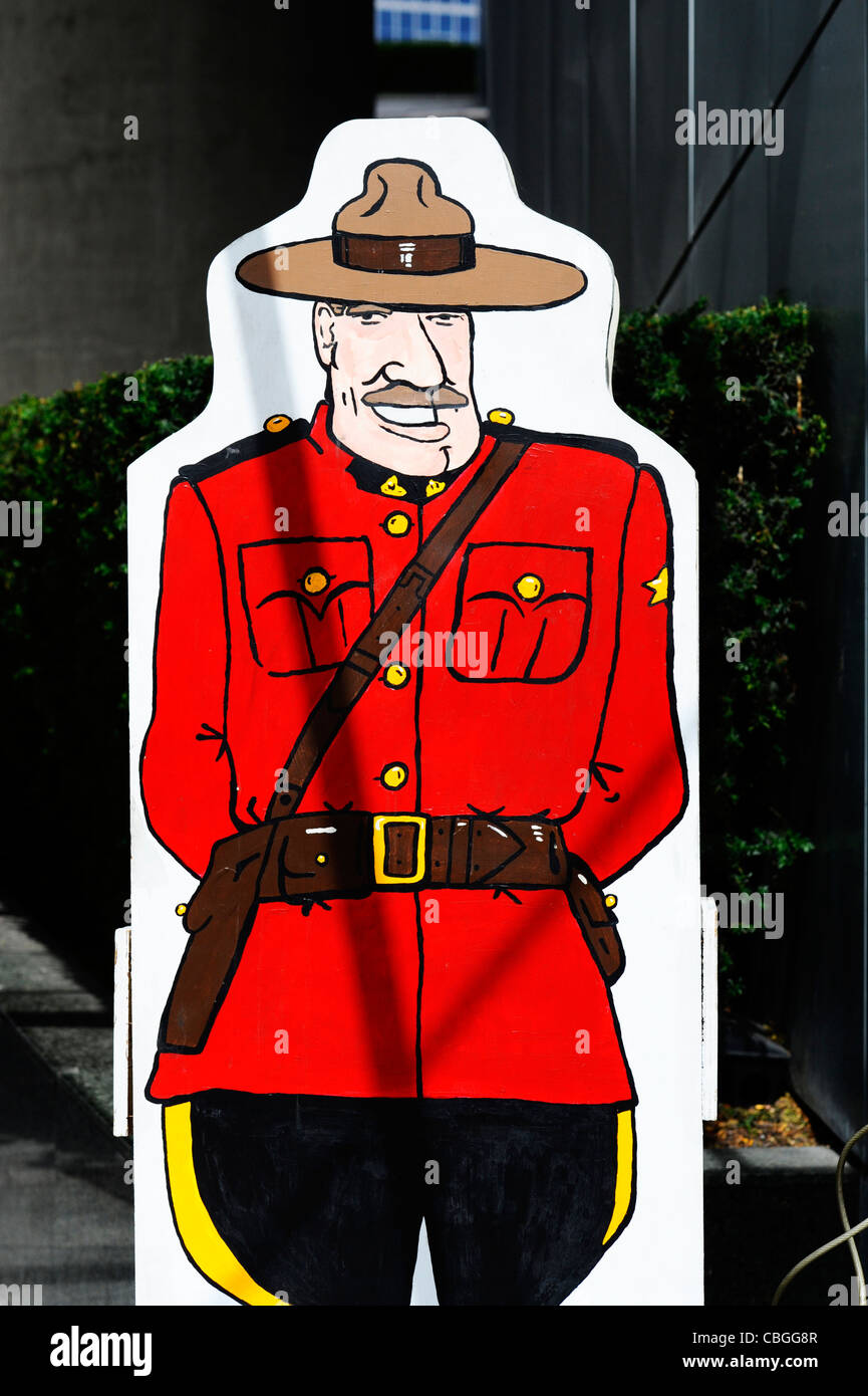 A cutout of a Royal Canadian Mountie outside of a shop in Downtown Vancouver, Canada. Stock Photo