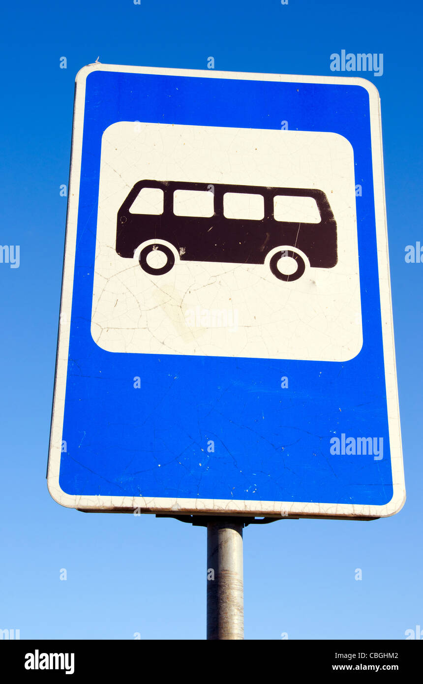 Bus stop road sign on background of blue sky. Information sign Stock ...