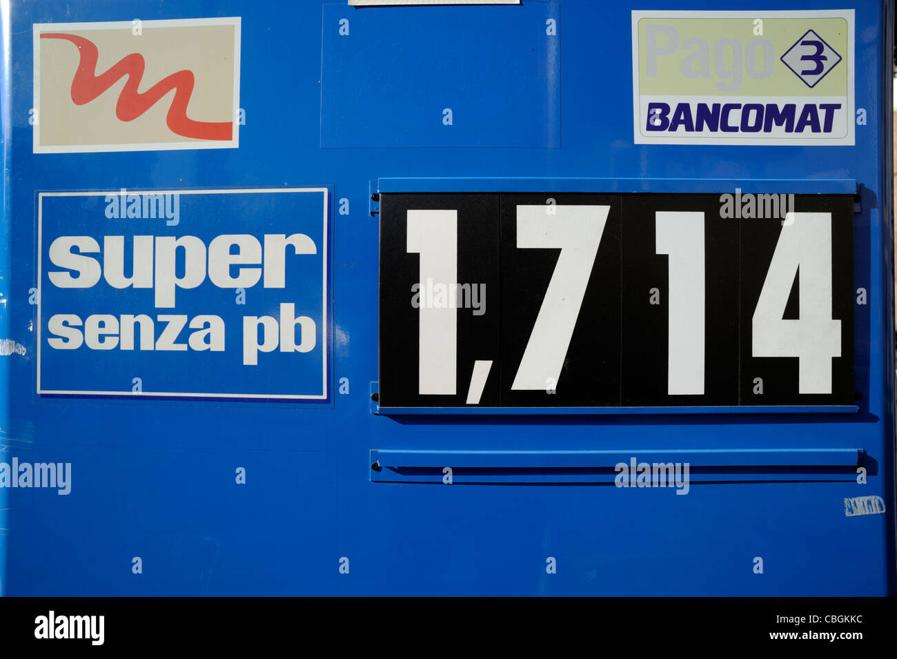 italy, rome, gas station sign, super unleaded fuel price Stock Photo