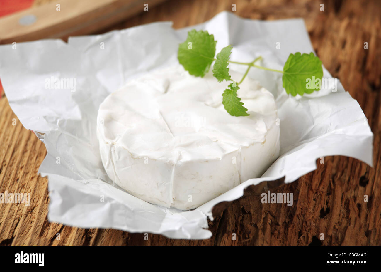 Wheel of white rind cheese - closeup Stock Photo - Alamy