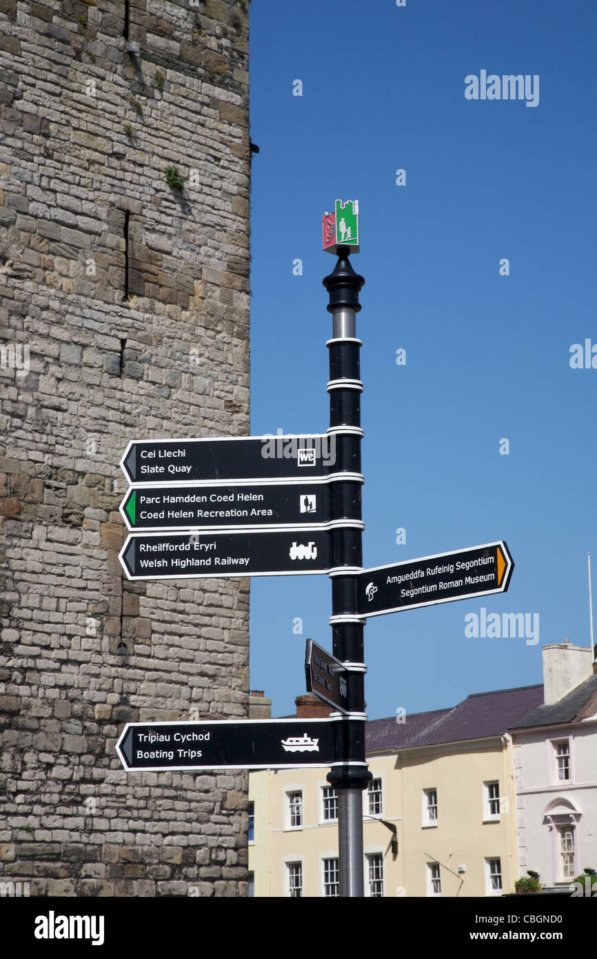 Tourist signpost near the medieval castle in the north Welsh town of Caernarfon Stock Photo