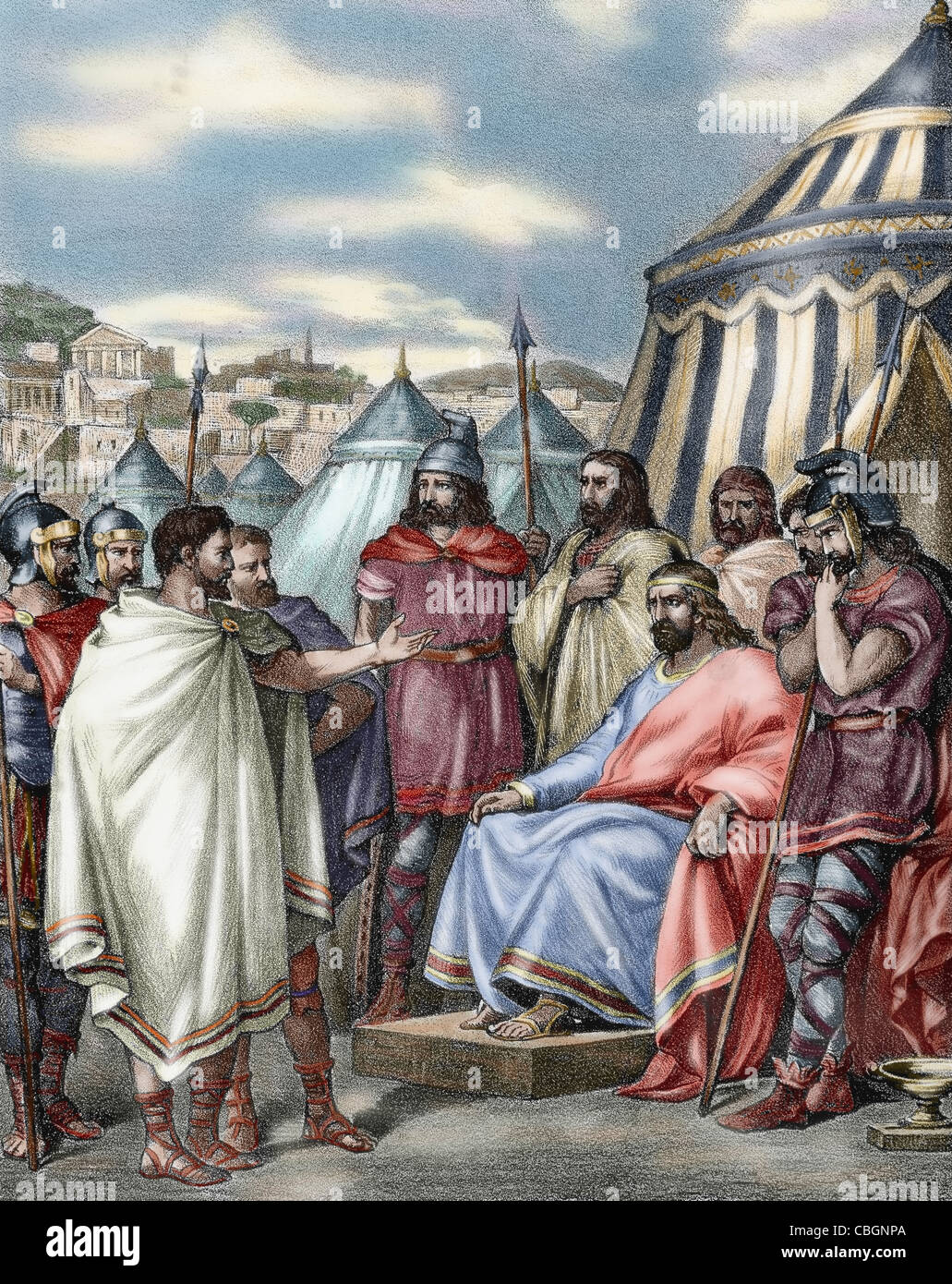 Sack of Rome by the Visigoths led by Alaric I in 410, during the reign of Emperor Honorius. Colored engraving. Stock Photo