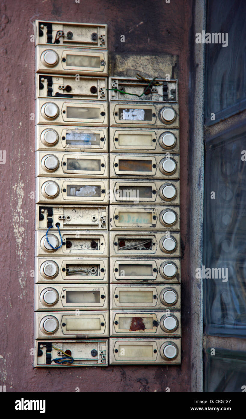 Doorbells at the entry of an empty house, condemned house. Duisburg, Germany. Stock Photo