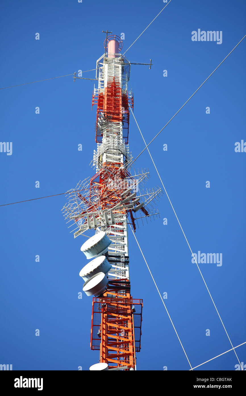 Radio antenna, broadcasting tower for radio and TV stations. Stock Photo