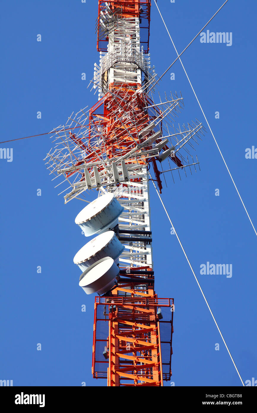 Radio antenna, broadcasting tower for radio and TV stations. Stock Photo