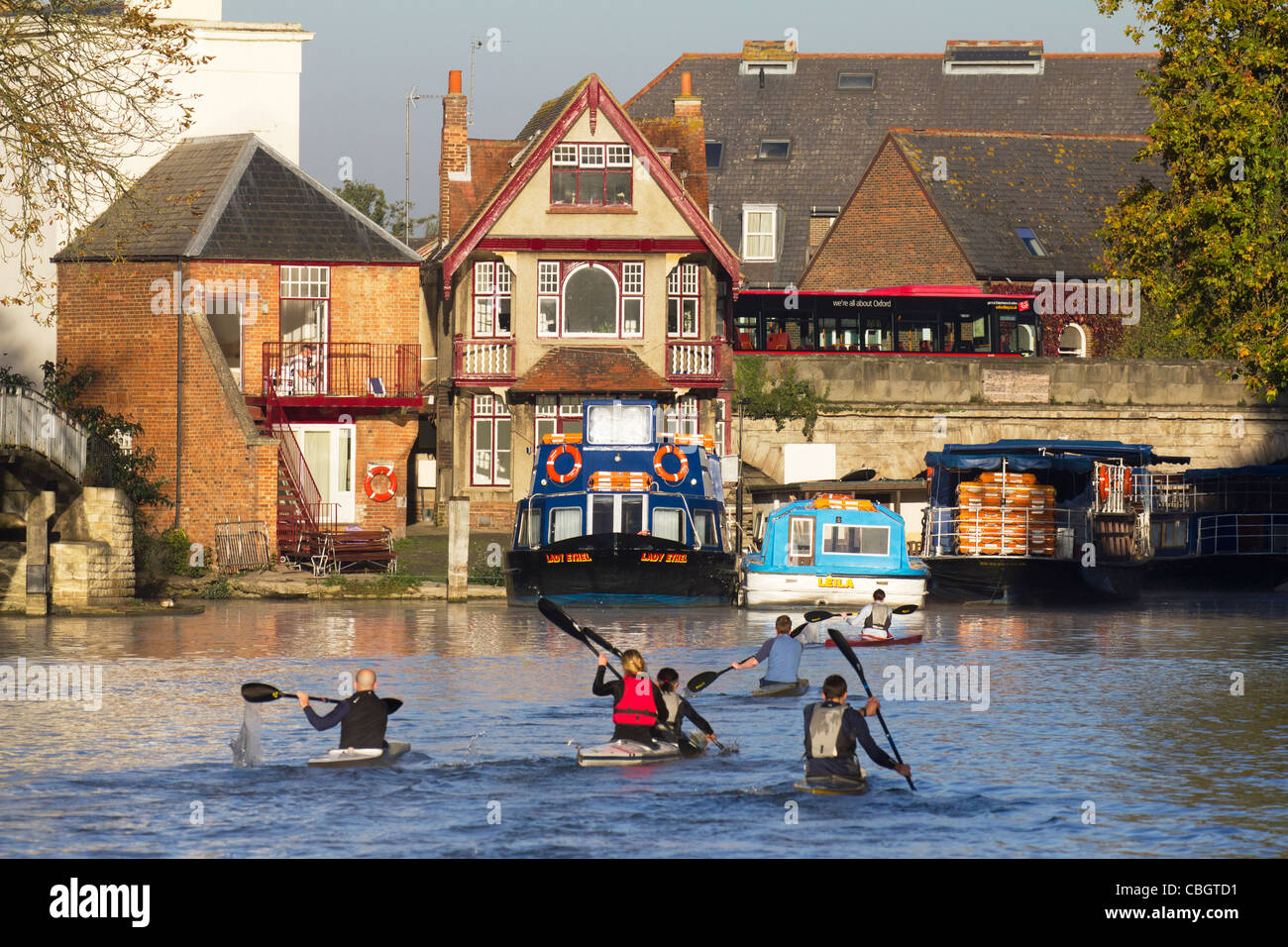 Autumn morning by the Thames at Oxford early canoeing practice Stock