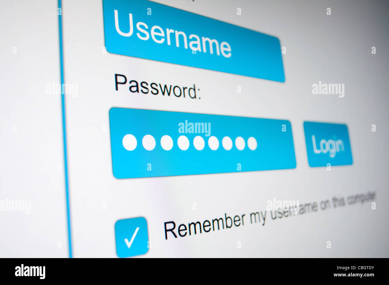 Login Box - Username and Password in Internet Browser on Computer Screen Stock Photo