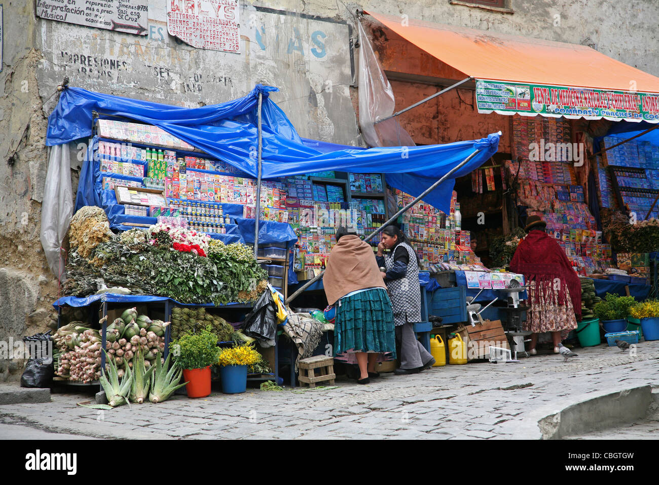 Market stall and grocery shop at the witch's market in the city La Paz, Bolivia Stock Photo