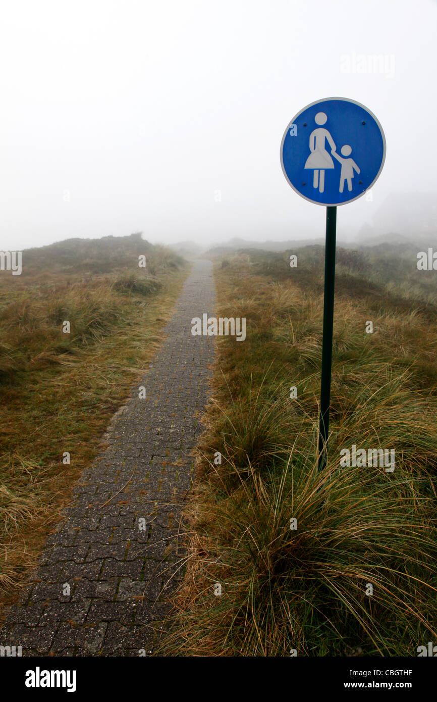 Empty walking path, footpath, walkway. Lonely, traffic sign for pedestrians only. Thick fog, low visibility. Stock Photo
