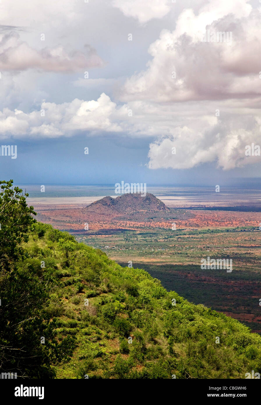 View from the Sagalla Hills in Southern Kenya over the Ndara Plain and Tsavo National Park Stock Photo