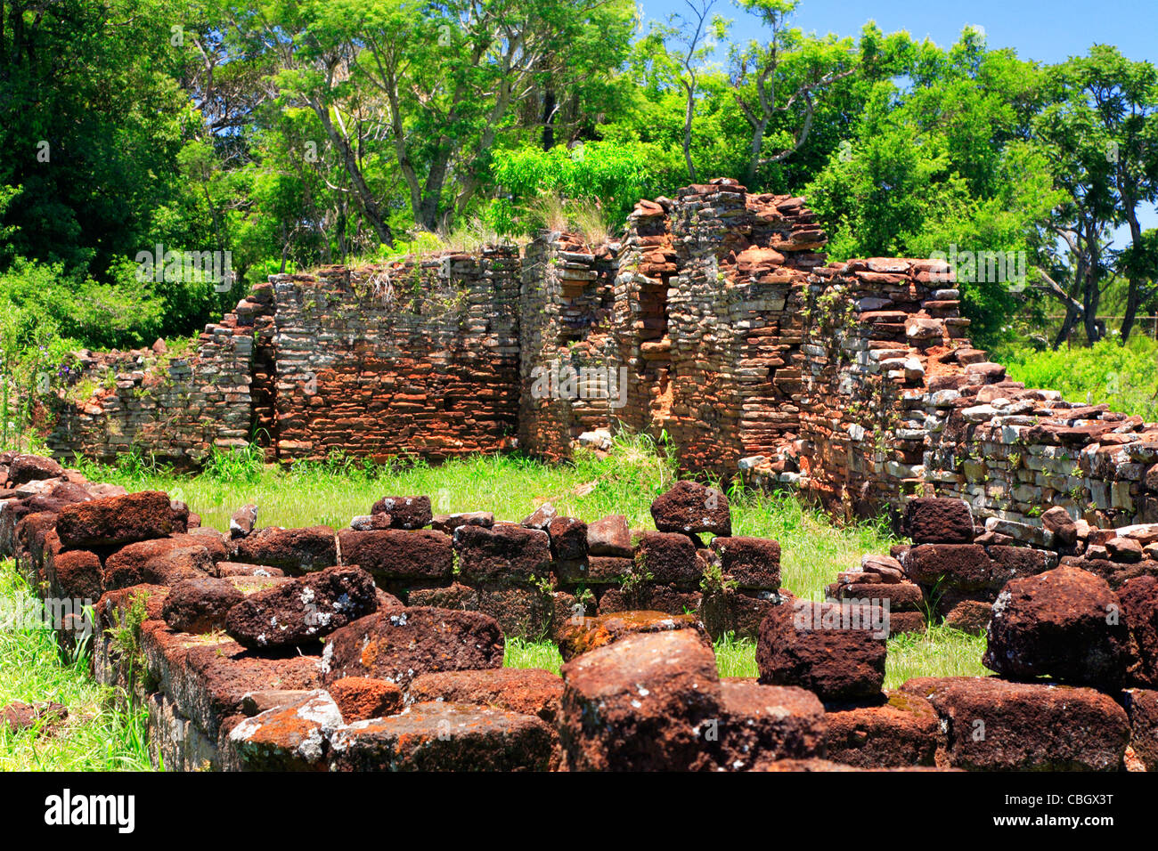 San Ignacio Miní ruins.The main square was surrounded by the church, a cabildo, a cemetery, a monastery and some houses. Stock Photo