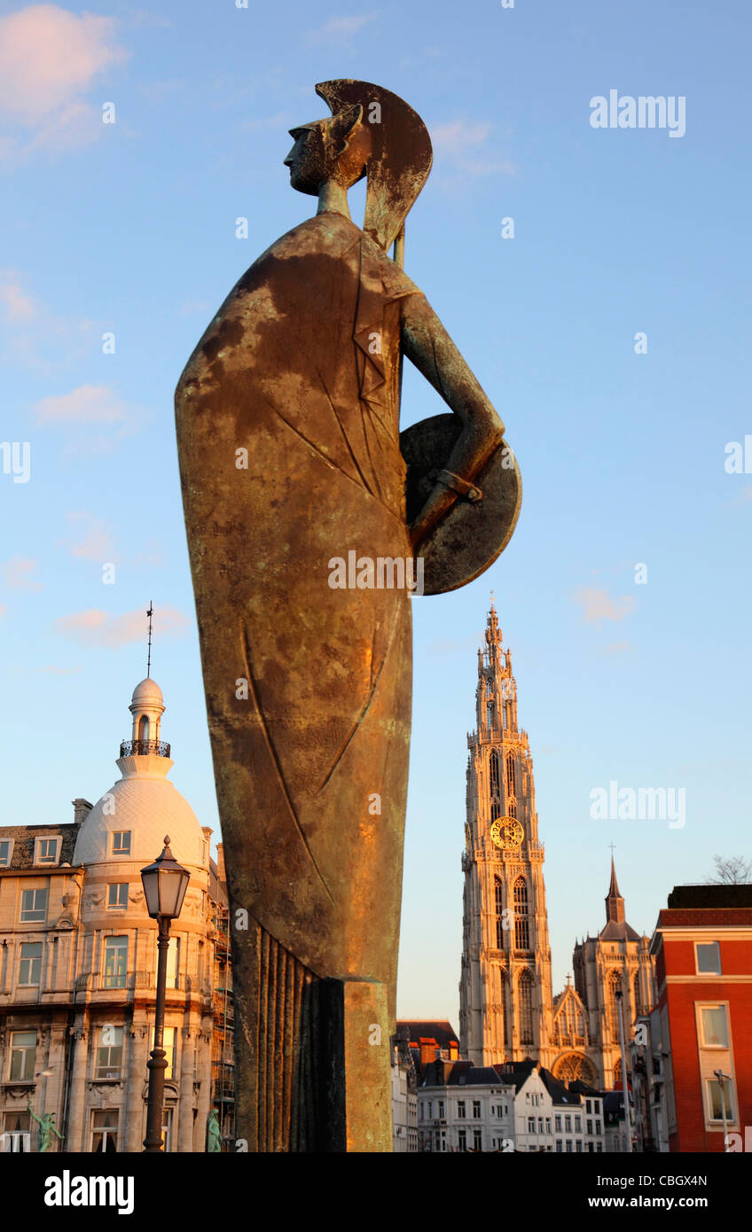 Minerva sculpture, cathedral, in the old town of Antwerp, Belgium. Stock Photo