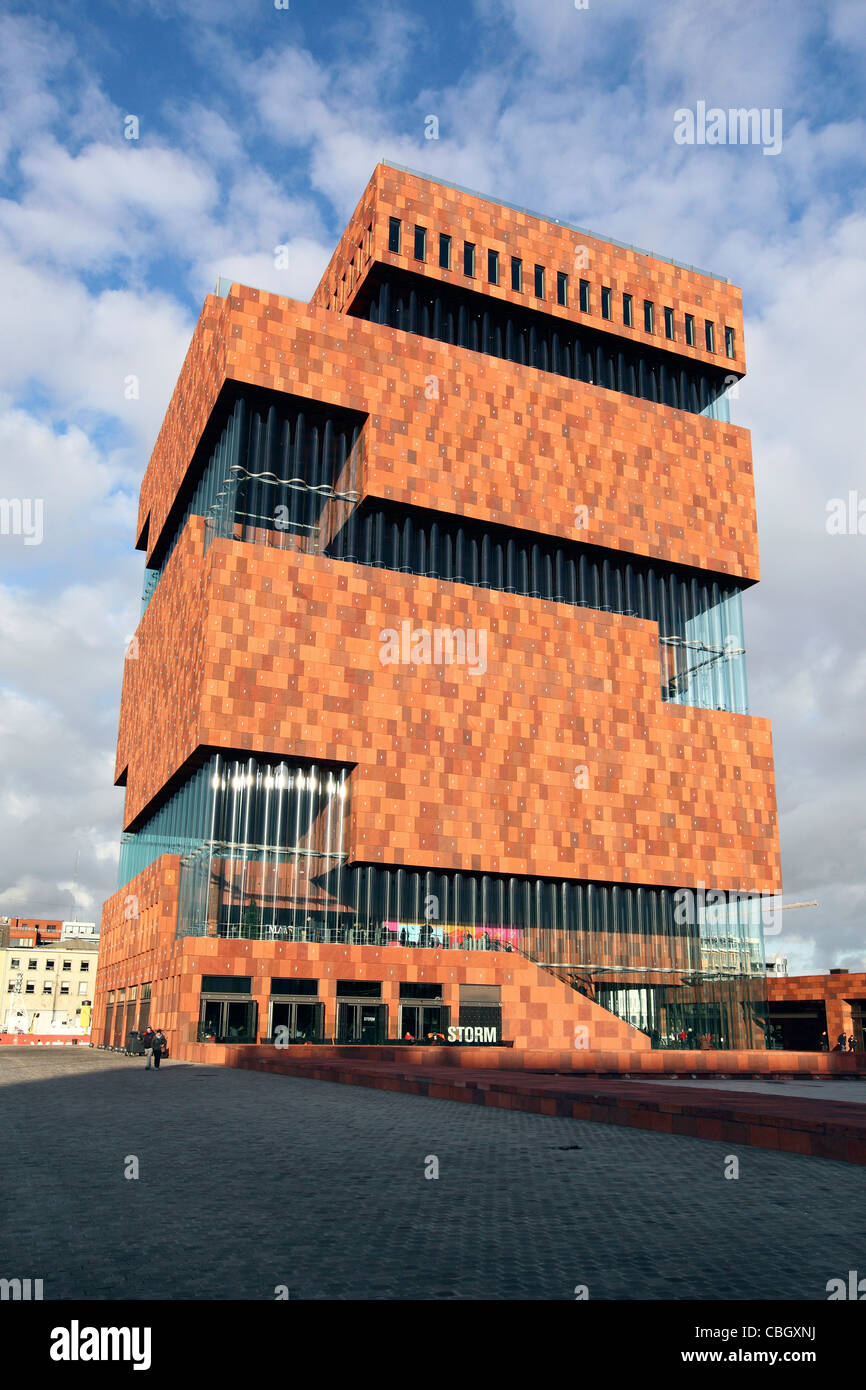 Museum aan de Strom. A modern museums building in the old port quarter in Antwerp, Flanders, Belgium, Europe, Stock Photo