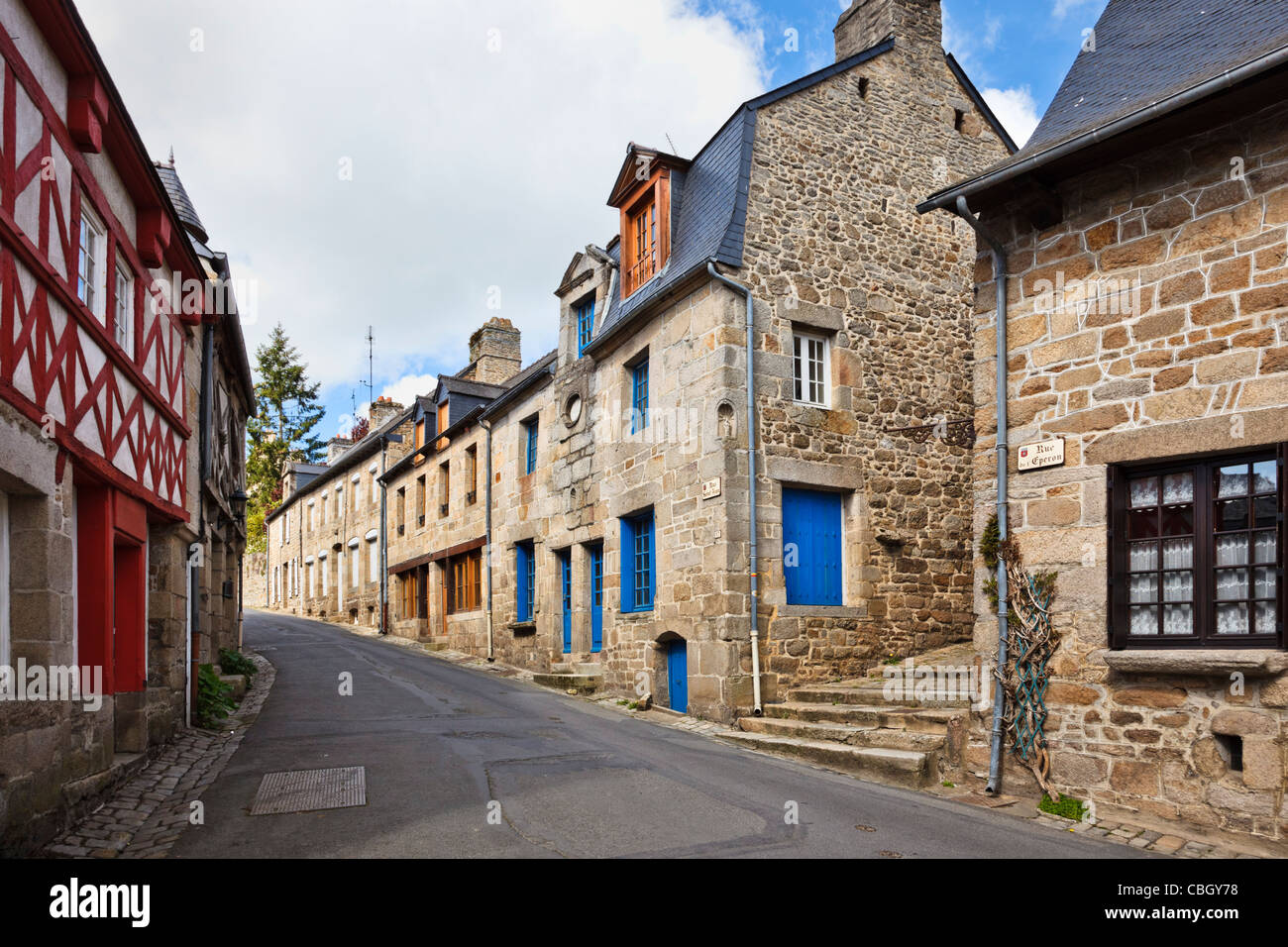 Brittany - Old medieval street in Moncontour, Cotes d'Armor, Brittany, France Stock Photo