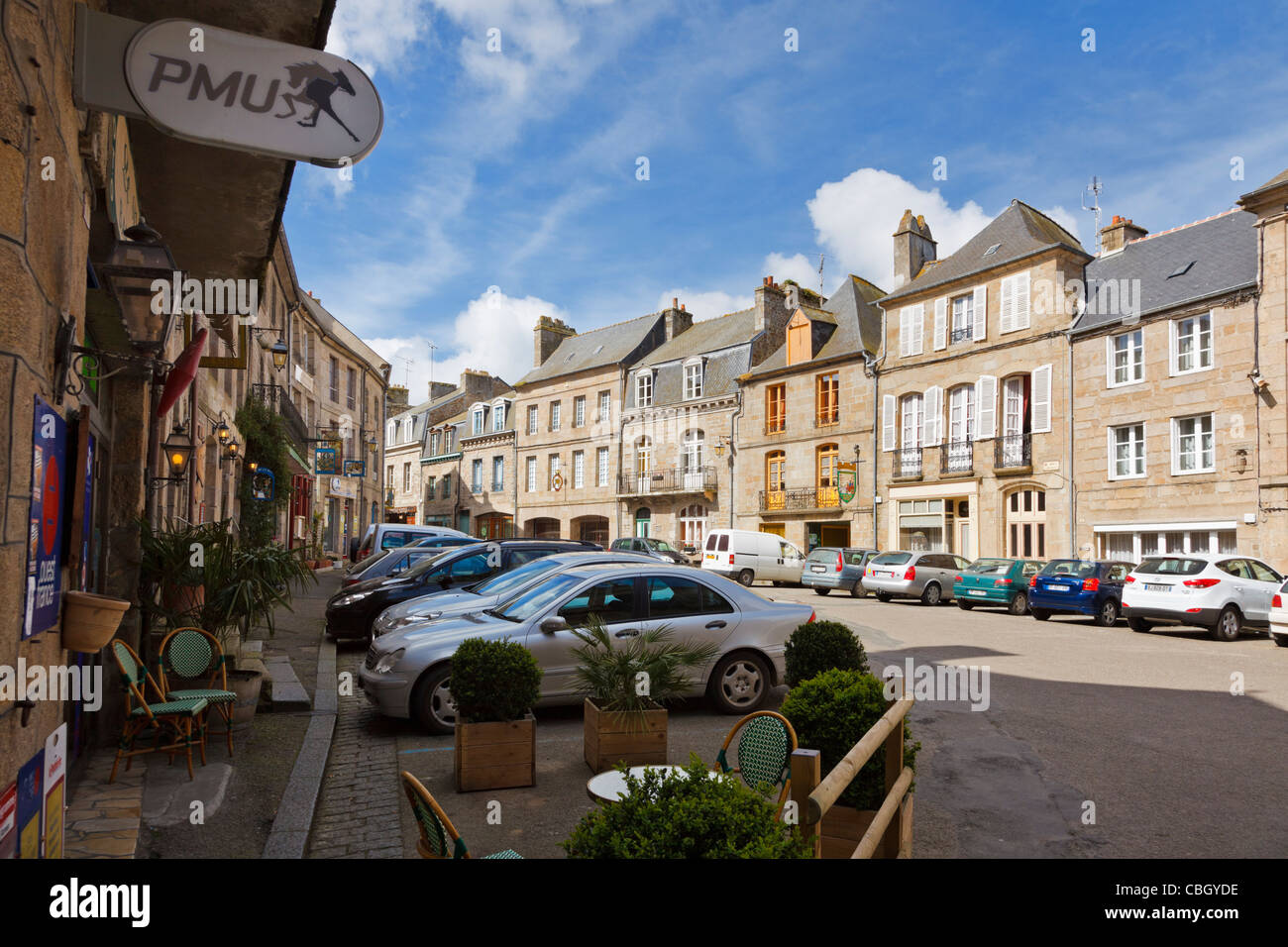 Main square in Moncontour, Cotes d'Armor, Brittany, France Stock Photo