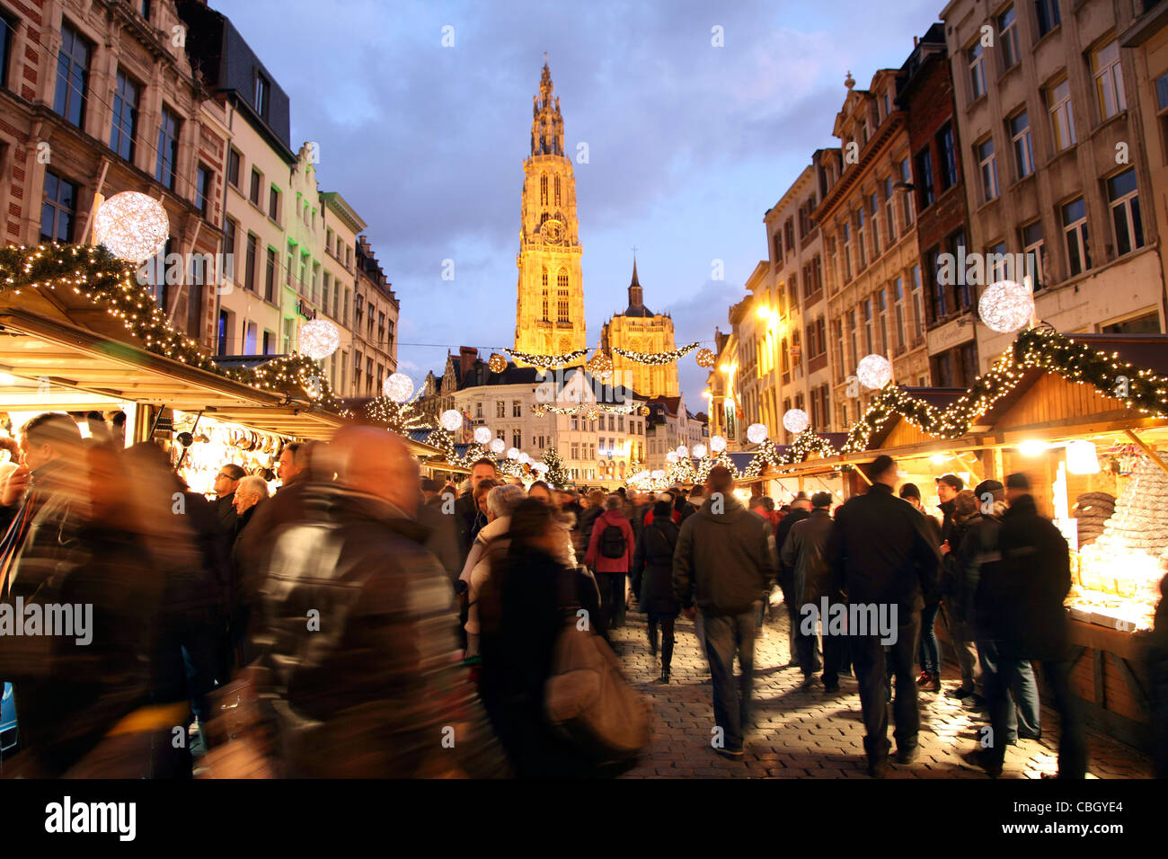 Christmas market in the old town of  Antwerp, Flanders, Belgium, Europe. Stock Photo
