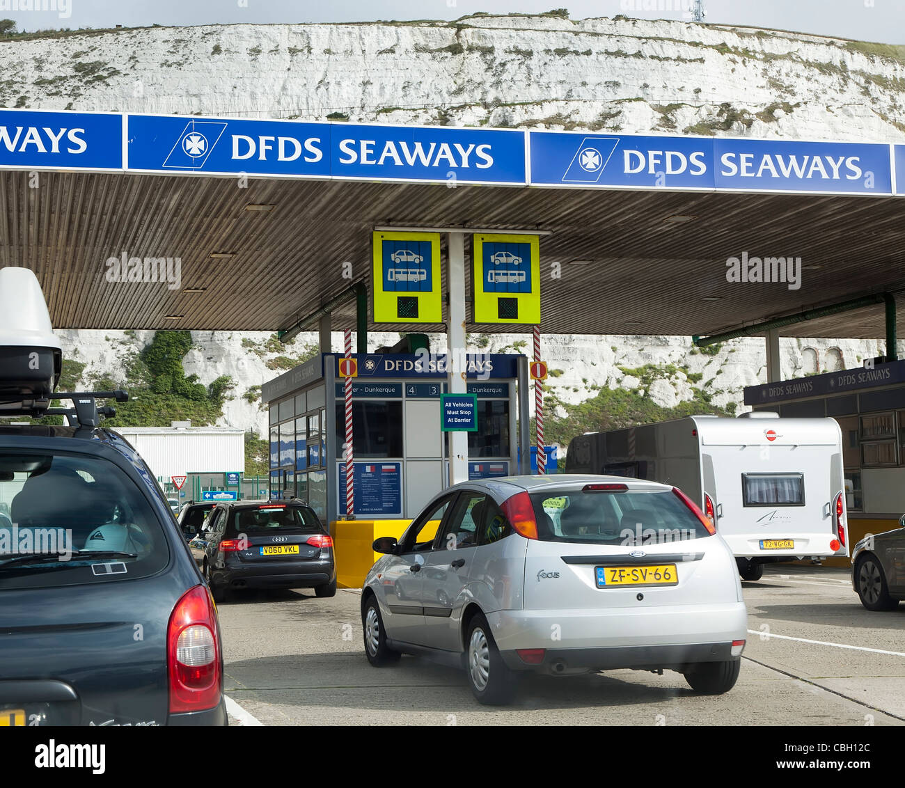 Cars queuing at check in line for DFDS Seaways ferries at Dover England