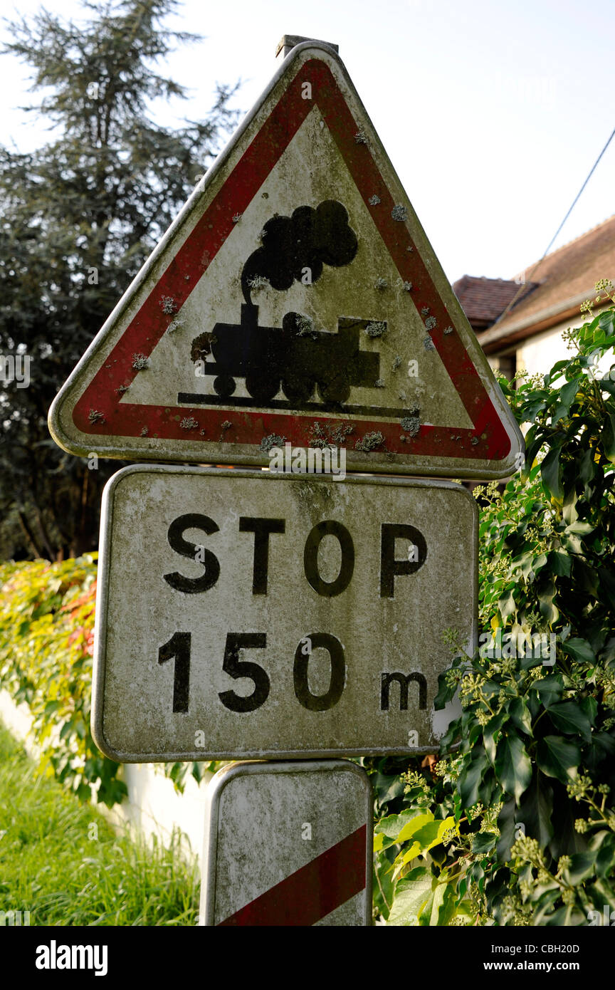 Danger steam train,Road sign,Nivernais canal,Morvan national park,Nievre,Burgundy,France Stock Photo