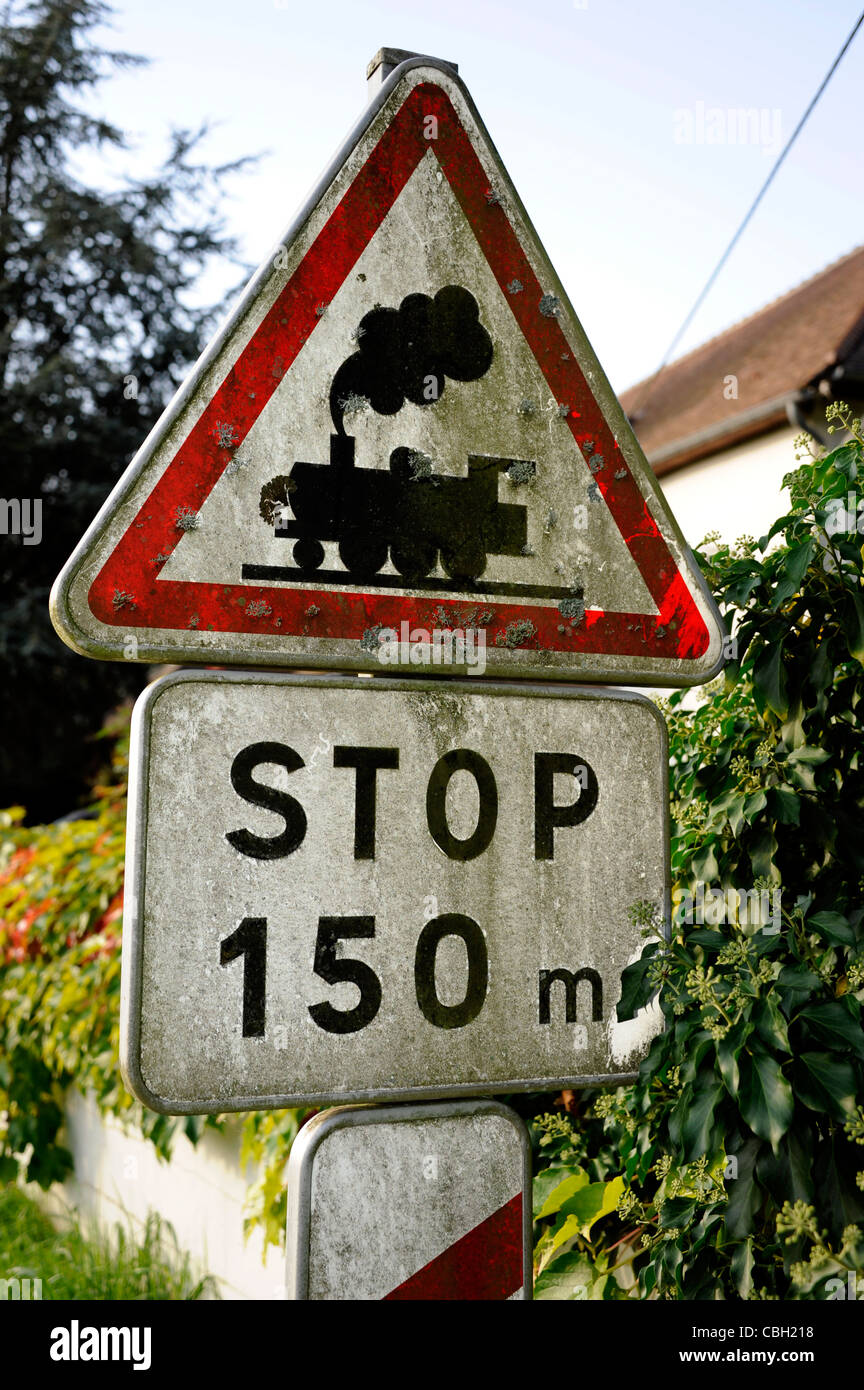Danger steam train,Road sign,Nivernais canal,Morvan national park,Nievre,Burgundy,France Stock Photo