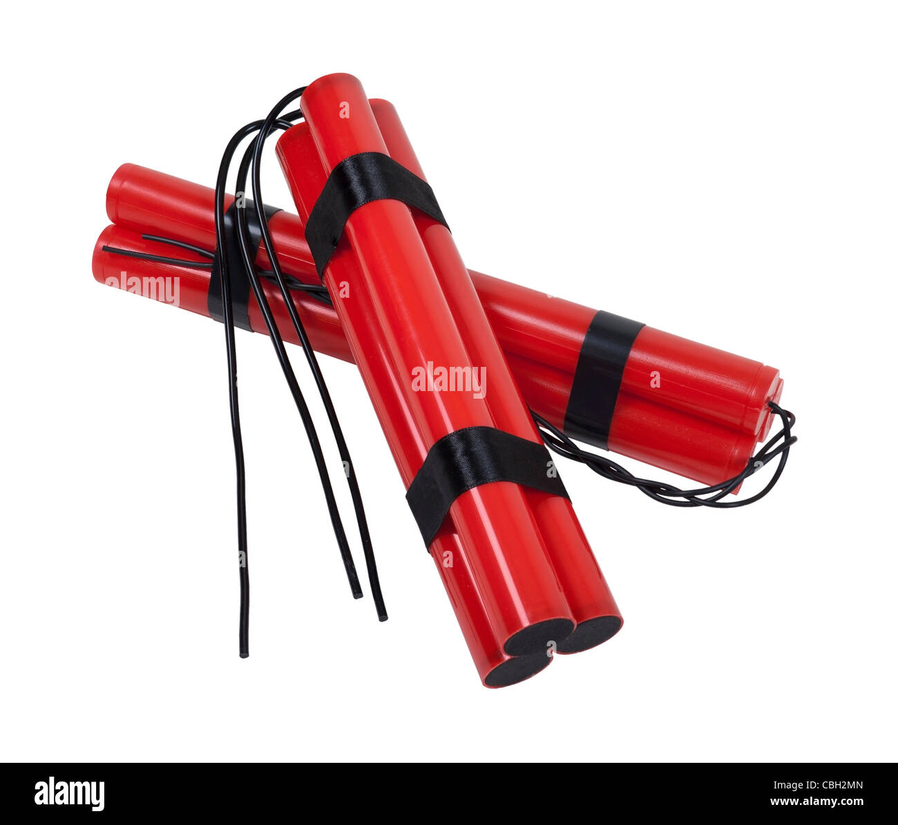A couple of bundles of red sticks of dynamite with long fuses - path included Stock Photo