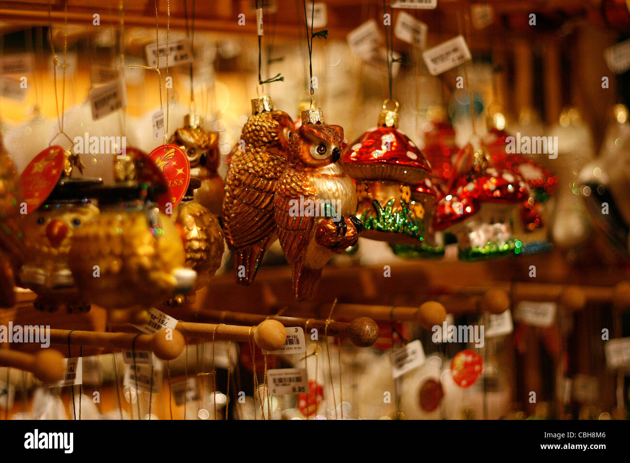 Various Christmas tree ornaments displayed for sale at the Christmas Market in Leipzig, Germany. Stock Photo