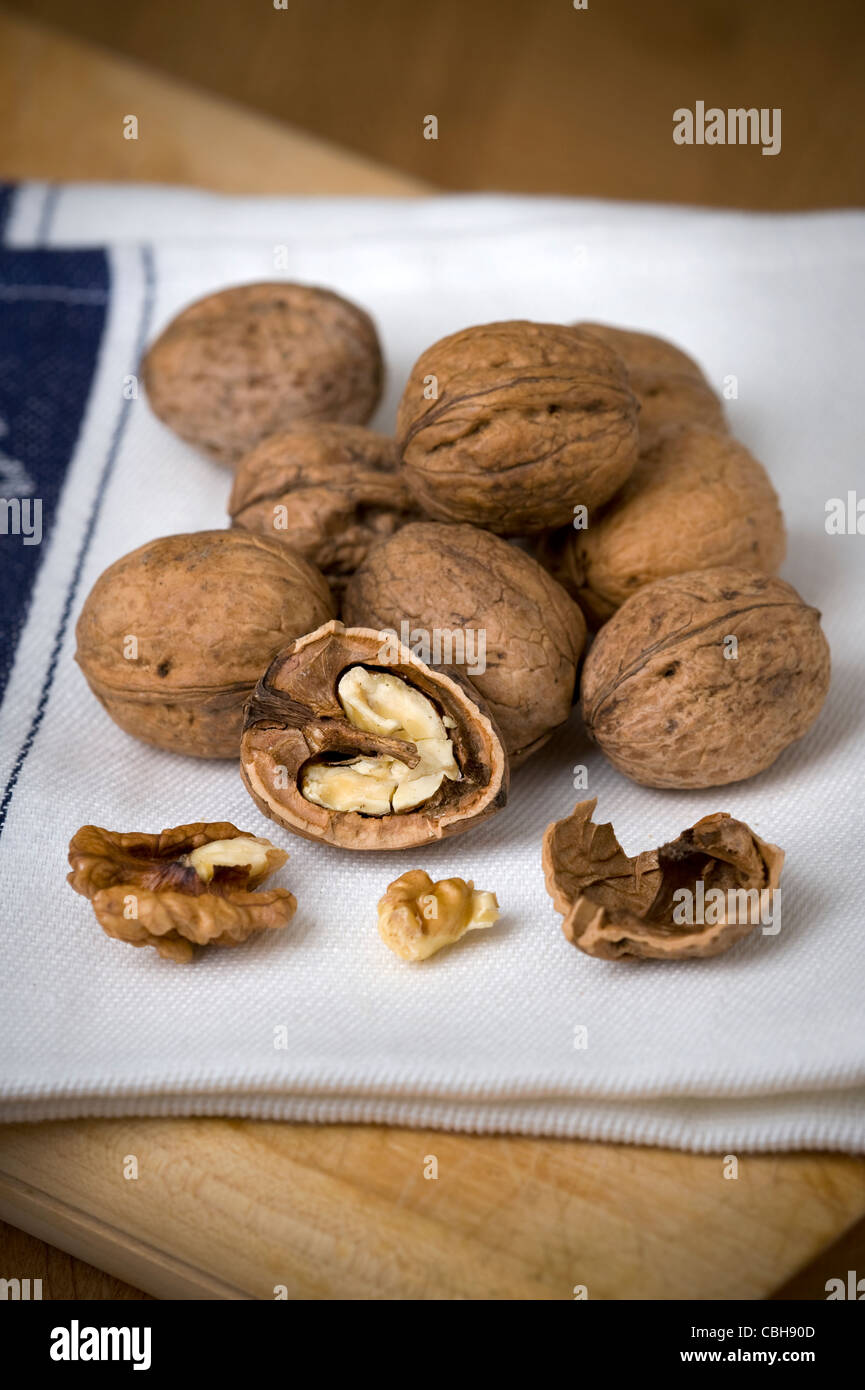 whole walnuts on a white tea towel with nut crackers Stock Photo