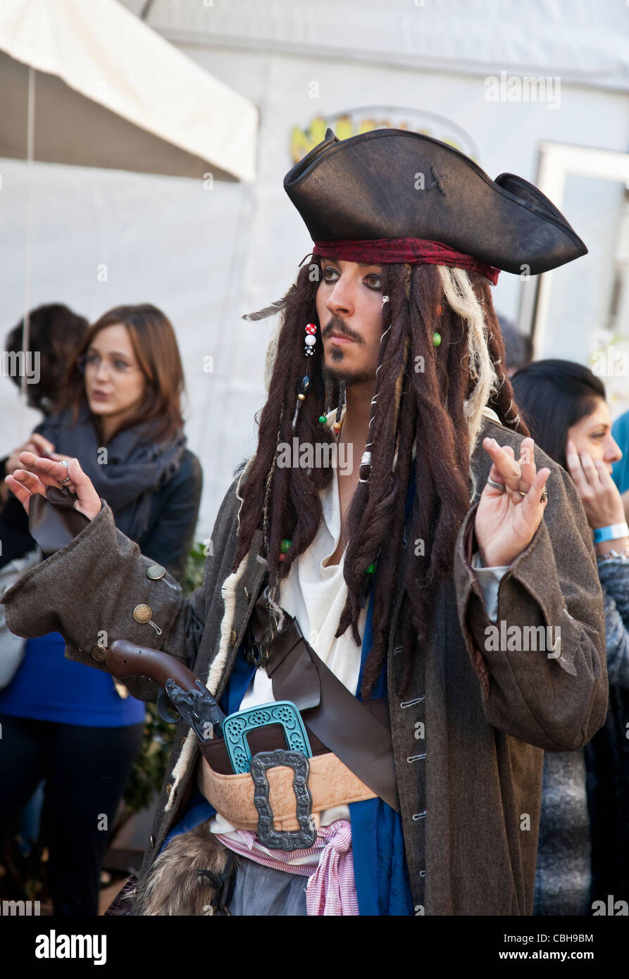 Young man dressed as Captain Jack Sparrow from Pirates of the Caribbean: Lucca comics and games festival, 2011 Tuscany, Italy Stock Photo
