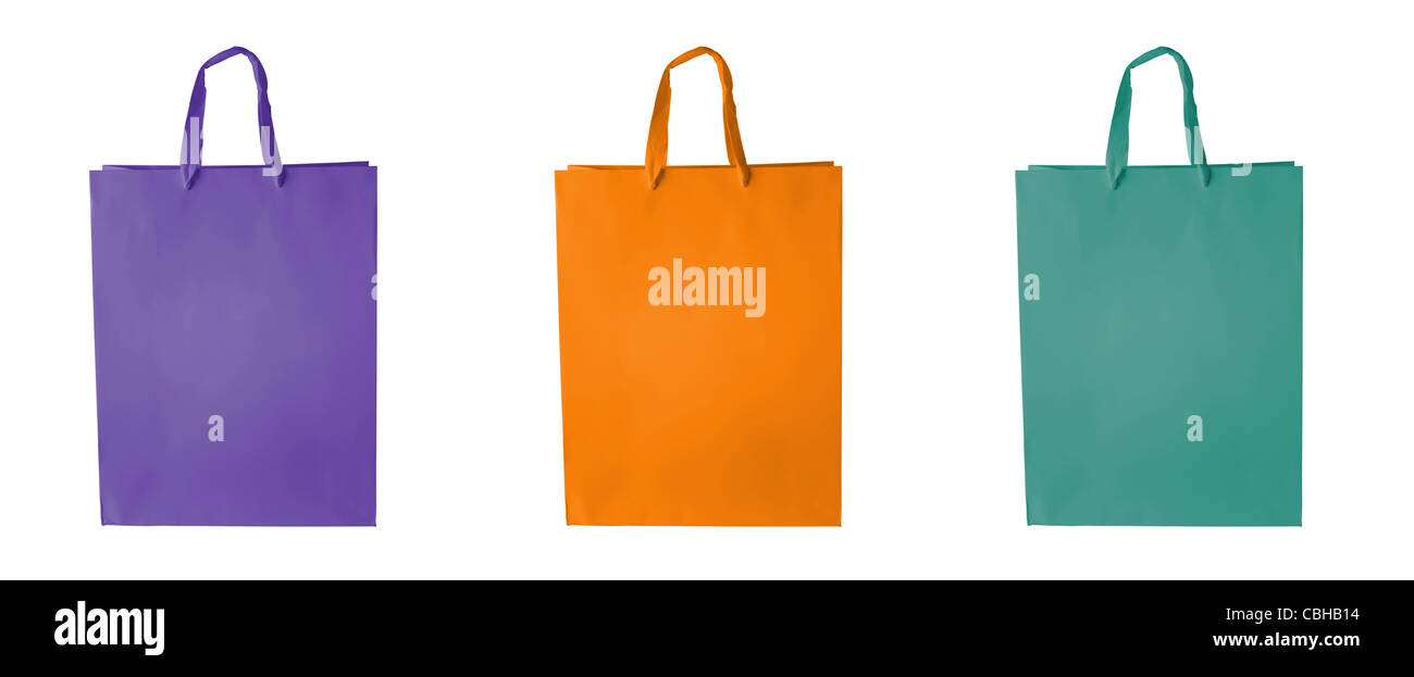 Cardboard block colors shopping bag template isolated on white background. Included clipping path, so you can easily cut it out and place over the top of a design. Stock Photo