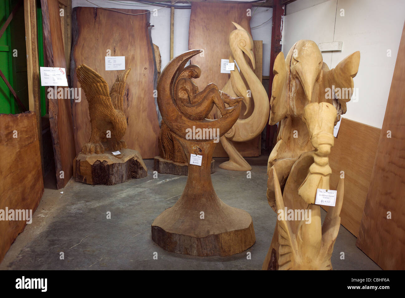 Kauri wood carvings at The Ancient Kauri Kingdom showroom shop and