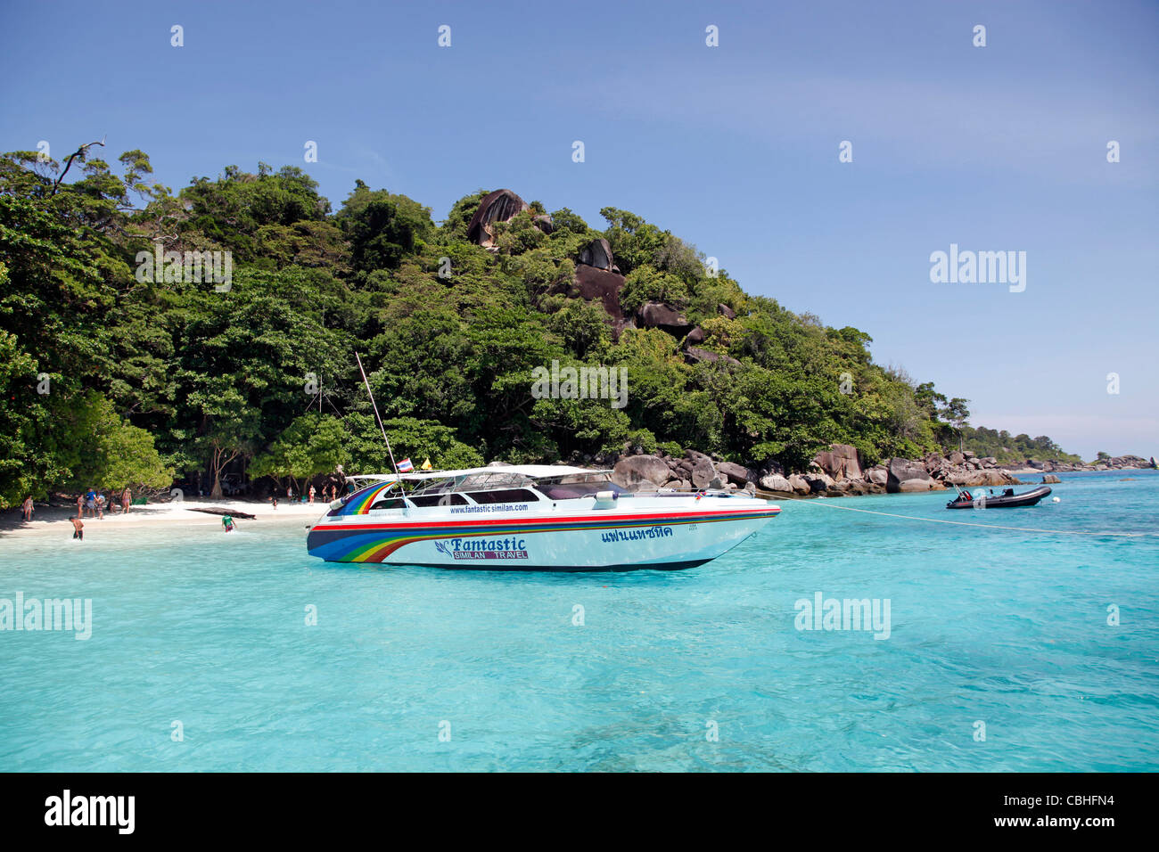 Speedboat at Miang Island, Similan Islands, Phang-Nga, near Phuket, Thailand Stock Photo