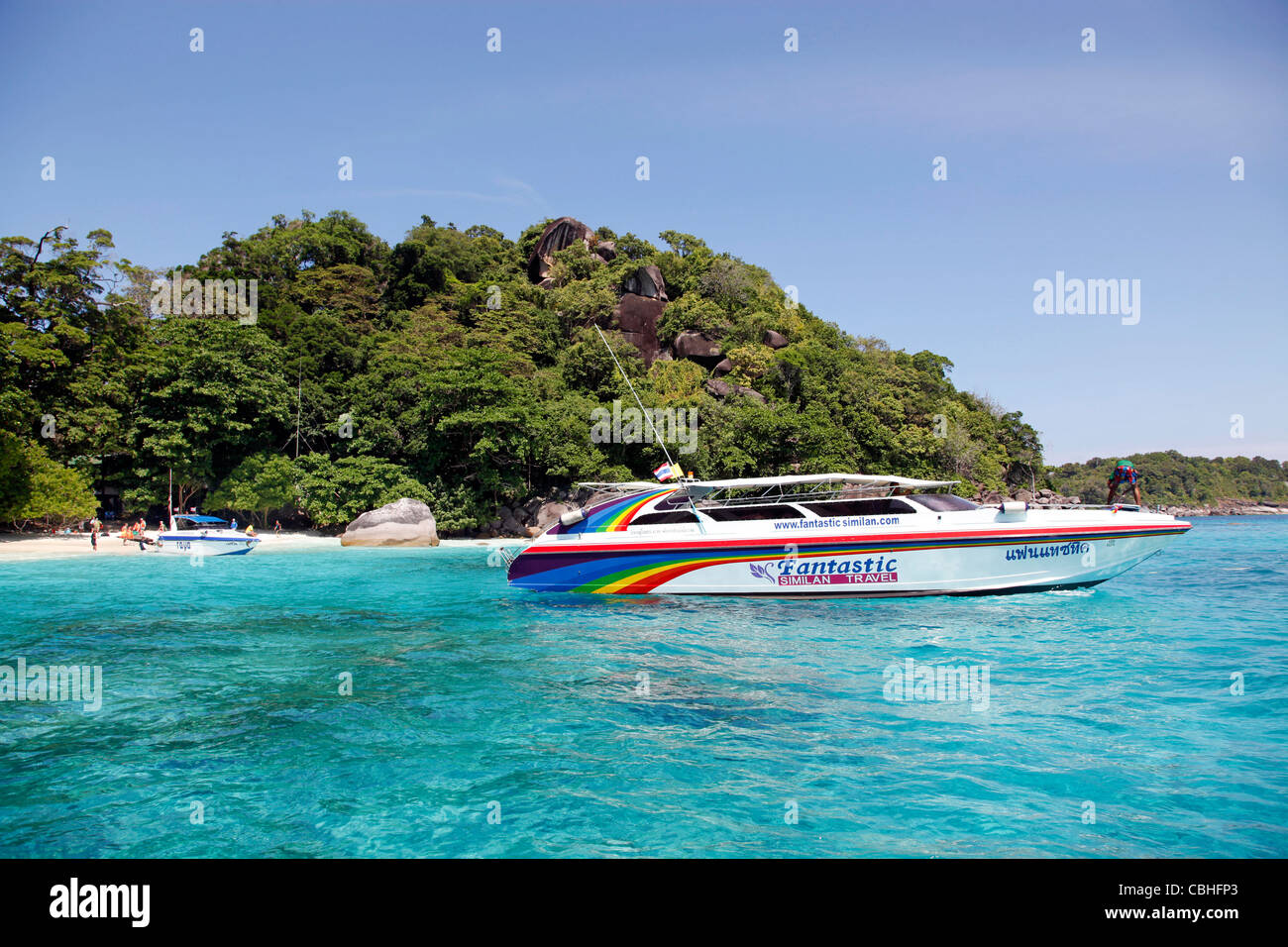 Speedboat at Miang Island, Similan Islands, Phang-Nga, near Phuket, Thailand Stock Photo
