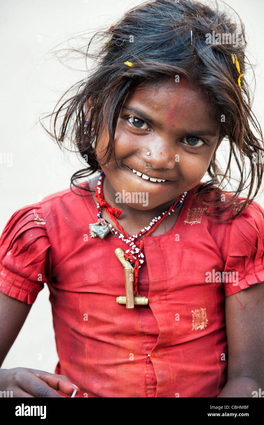 Poor Indian beggar girl smiling. Andhra Pradesh, India Stock Photo