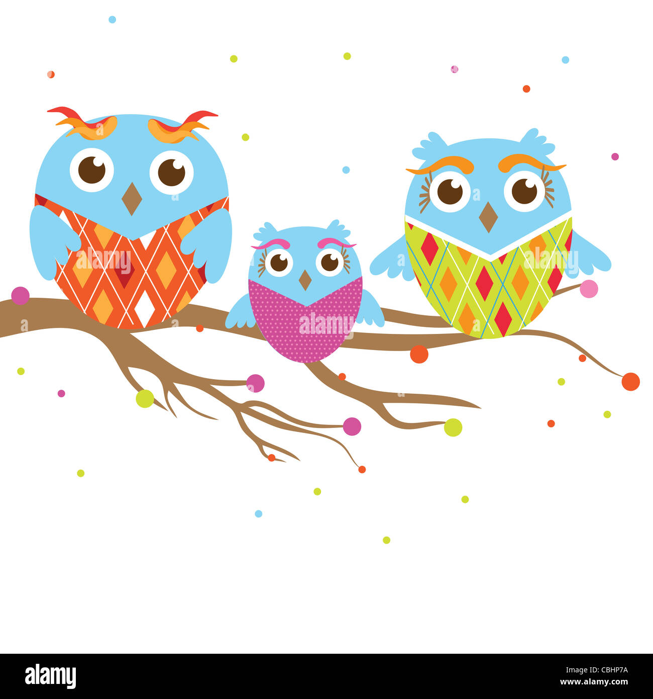 Owls sitting on the tree branch. Vector illustration Stock Photo - Alamy