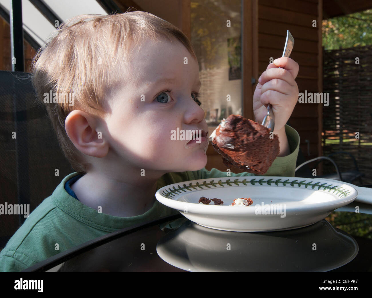 Small boy eating chocolate cake Stock Photo Alamy