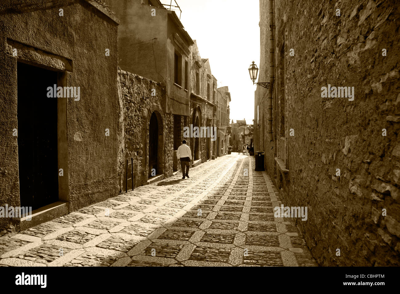 The cobble street in the medieval town Erice, Sicily. Stock Photo