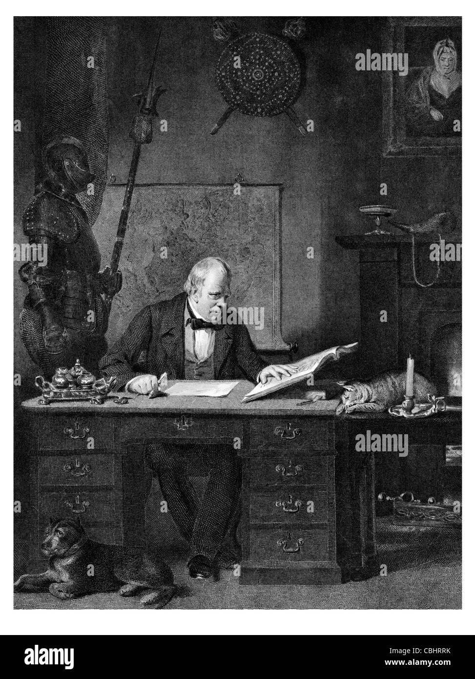The Pirate Portrait of Sir Walter Scott office study writing writer knights armour desk candle light draws house mansion author Stock Photo
