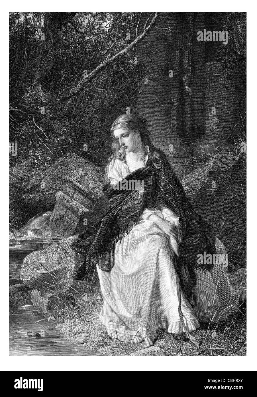 Bride of Lammermoor Lucy Ashton at the fountain sad love deep thought thinking sitting woman lady forest mansion garden park Stock Photo