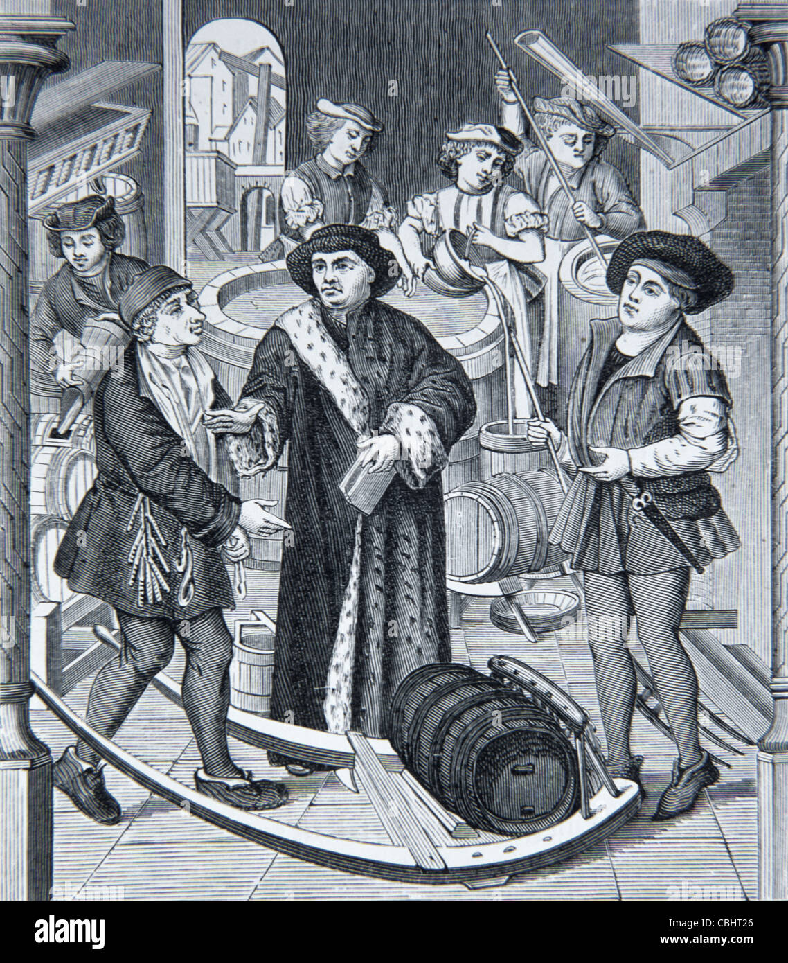 Beer Tax. Church Rights of Privileges on Beer. Engraving of c15th Scene from Tournai, Belgium Stock Photo
