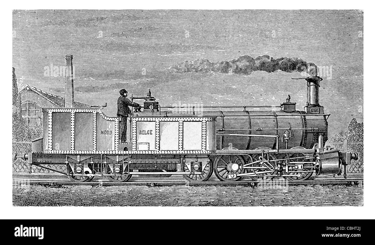 Crampton locomotive steam Thomas Russell Crampton 1846 railway vehicle train transport steam engine travel tracks vehicle coach Stock Photo