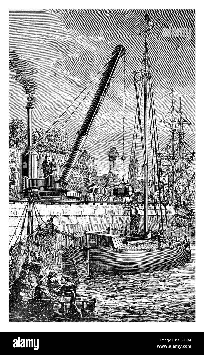Steam engine crane dock port merchant cargo vessel trade trading loading quay harbour mooring mooed docks Stock Photo