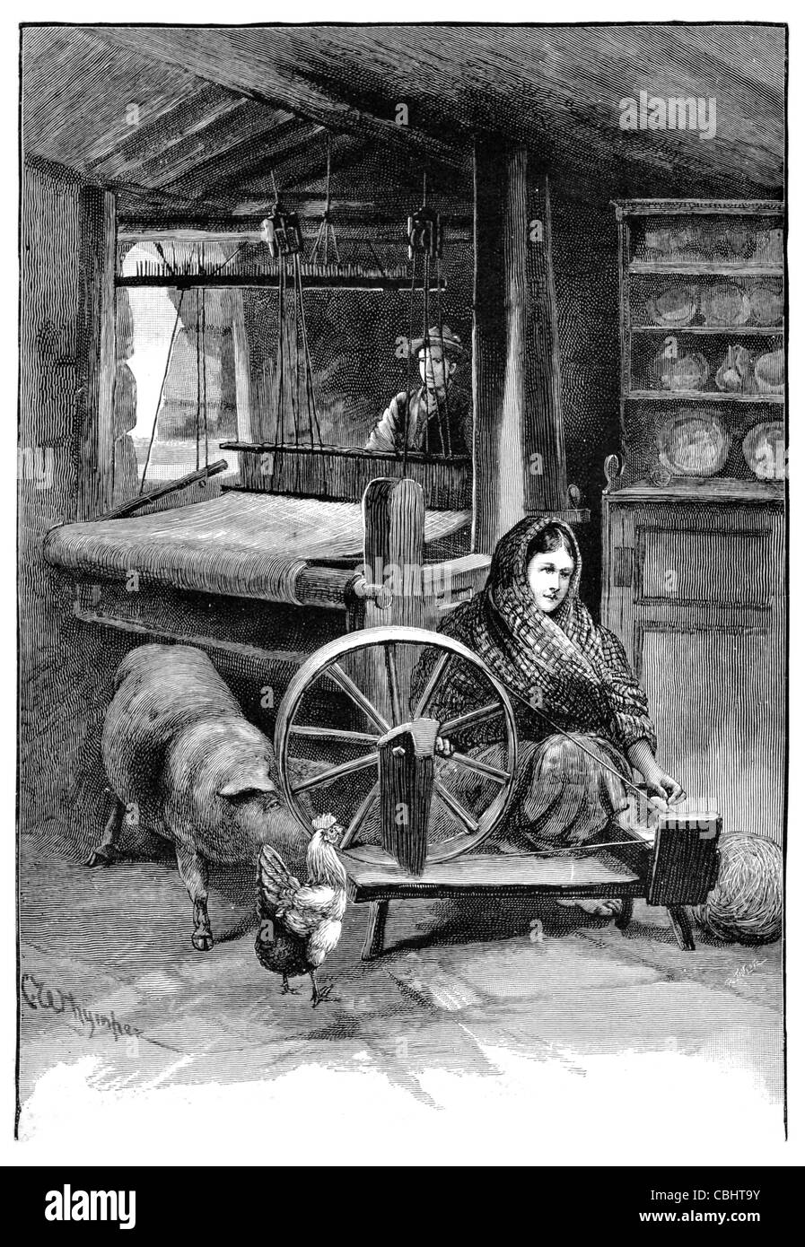 Irish Hand Loom weaver spinner spinning wheel yarn spindle lady man frame flax long draw linen hand powered craft woman Stock Photo