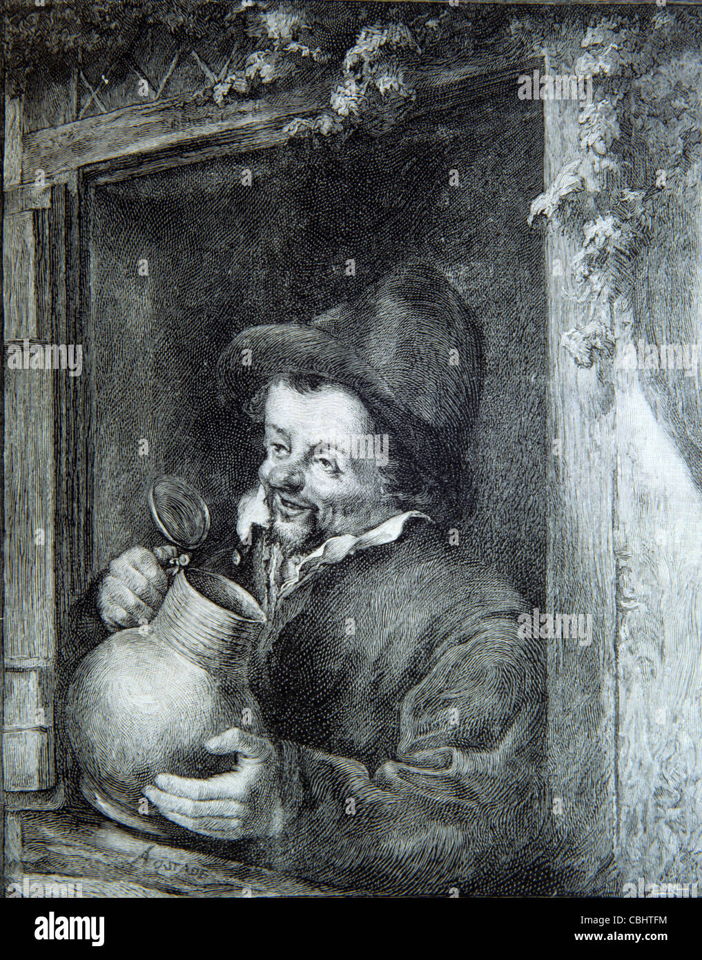 The Drinker, Engraving by Durel of Painting by Dutch Artist Adriaen van Ostade (1610-1685) Stock Photo